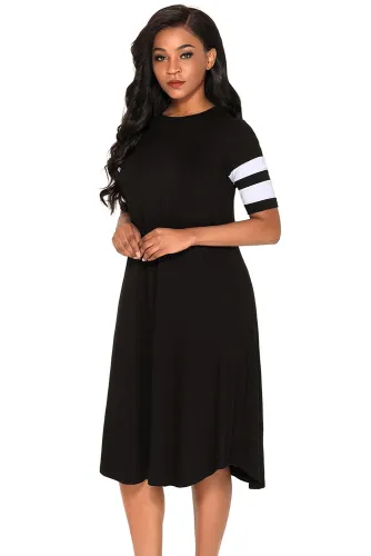 Striped Half Sleeves O Neck Flowy Jersey Dress in Black