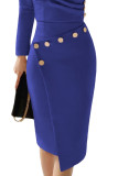 Asymmetric Button Detail Cobalt Blue Ruched Midi Dress