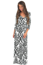 White Black Damask Print Wrap V Neck Boho Dress