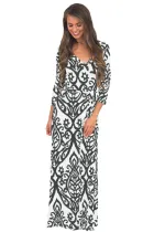 White Black Damask Print Wrap V Neck Boho Dress