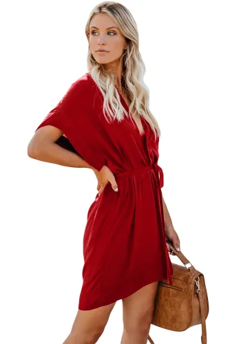 Red V Neck Tie Waist Mini Skater T Shirt Dress