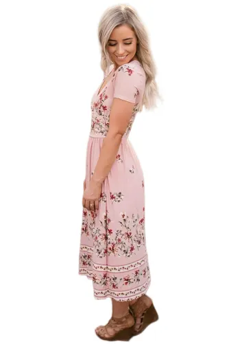Pink Floral Print Faux Wrap Midi Dress