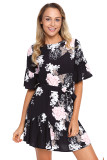 Black Floral Pattern Ruffle Hem Chiffon Dress