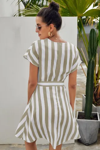Khaki Fashion Stripe Short Sleeve Casual Dress