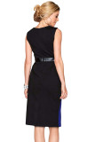 Blue Black Asymmetric Patchwork Leather Trim Sheath Dress