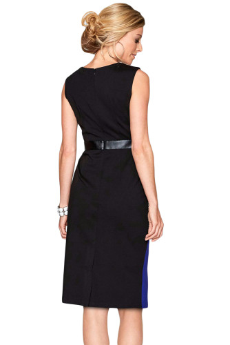 Blue Black Asymmetric Patchwork Leather Trim Sheath Dress