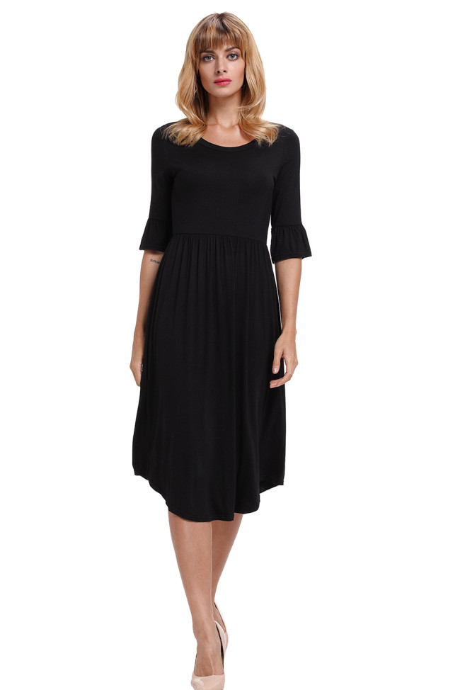 Black Ruffle Sleeve Midi Jersey Dress