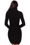 Black Stylish Pattern Knit Turtleneck Sweater Dress