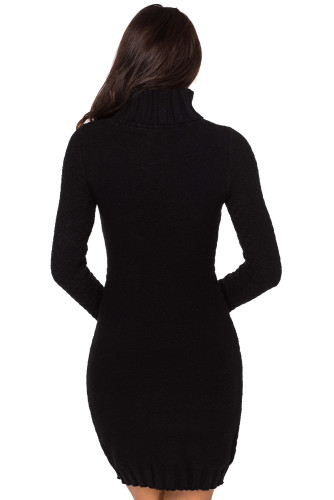 Black Stylish Pattern Knit Turtleneck Sweater Dress