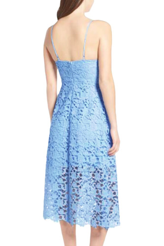 Light Blue Spaghetti Strap V-Neck Lace Midi Dress