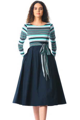 Light Blue Striped Poplin Sash Tie Midi Dress