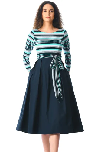 Light Blue Striped Poplin Sash Tie Midi Dress