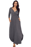 Gray Surplice Neck High Waist Pleated Pocket Maxi Dress