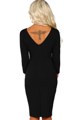 Black 3/4 Sleeve Cross Over Bodycon Midi Dress