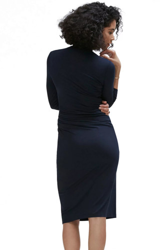 Navy Blue Long Sleeve Pleated Wrap Midi Dress
