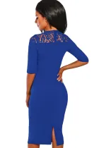 Royal Blue Lace Insert Notch V Neck Midi Dres