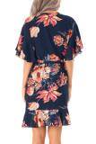 Blue Floral Print V Neck Wrap Dress with Ruffle Sleeves