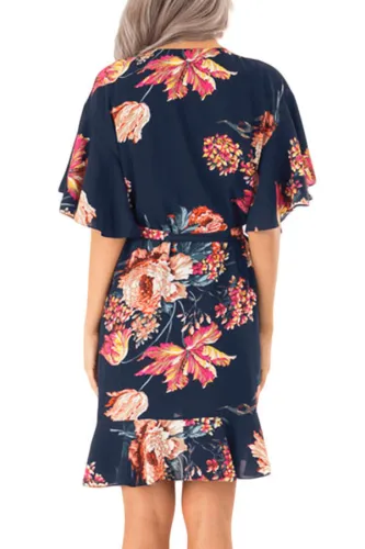 Blue Floral Print V Neck Wrap Dress with Ruffle Sleeves