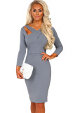 Gray 3/4 Sleeve Cross Over Bodycon Midi Dress