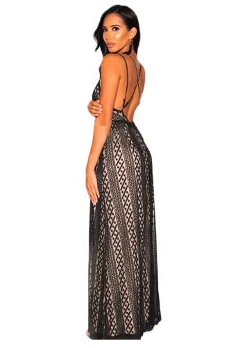 Black Nude Illusion Crisscross V Neck Evening Dress