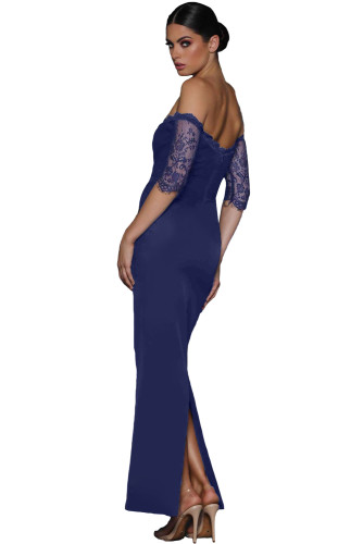 Navy Sheer Lace Sleeve Off Shoulder Maxi Dress
