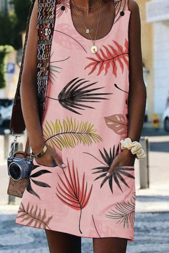 Pink Bohemian Printed Drawstring Sleeveless Dress