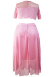Pink Mesh Joint Plus Crop Top Skirt Set