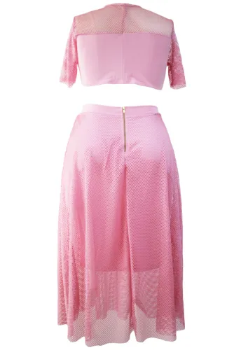 Pink Mesh Joint Plus Crop Top Skirt Set