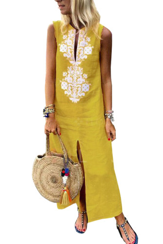 Yellow Sleeveless Casual Slit Geometric Summer Dress