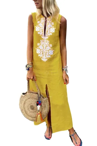 Yellow Sleeveless Casual Slit Geometric Summer Dress