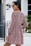 Red Printed V Neck Buttoned Long Sleeve Shirt Dress