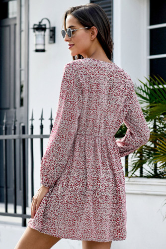 Red Printed V Neck Buttoned Long Sleeve Shirt Dress