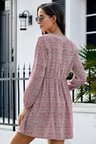 Red Printed V Neck Buttoned Long Sleeve Shirt Dress