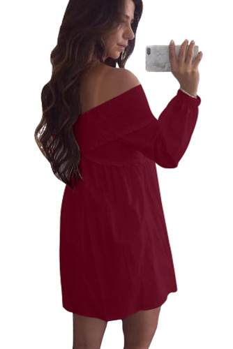 Wine Crossed Smocking Off Shoulder Mini Dress
