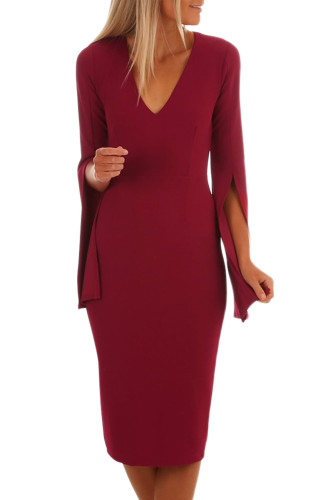 Burgundy Split Bell Sleeves V Neck Bodycon Midi Dress