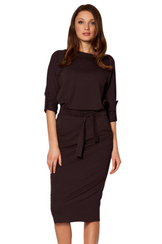 Coffee Roll-tab Long Sleeve Tie Waist Midi Dress