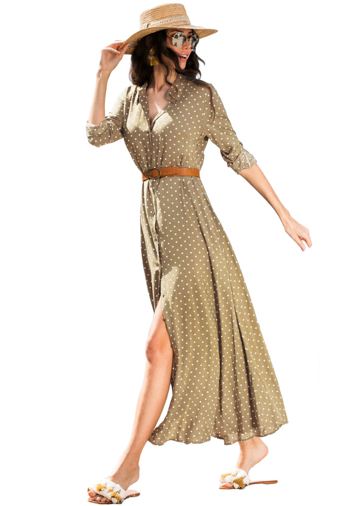 Olive Green Polka Dot Buttoned Maxi Shirt Dress