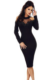 Black Crochet Applique Mesh Insert Cold Shoulder Dress