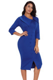 Dark Blue 3/4 Sleeve Button Detail Bodycon Midi Dress
