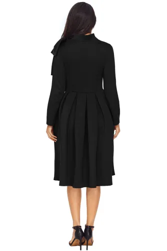 Black Bowknot Embellished Mock Neck Pocket Dress