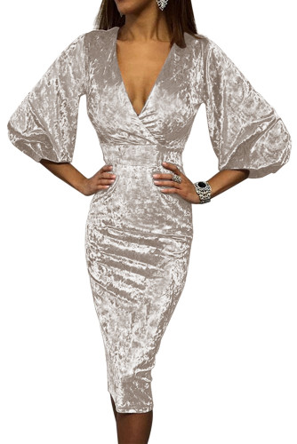Apricot Glistening V Neck Velvet Midi Dress