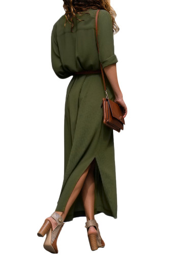 Army Green Slit Maxi Shirt Dress with Sash