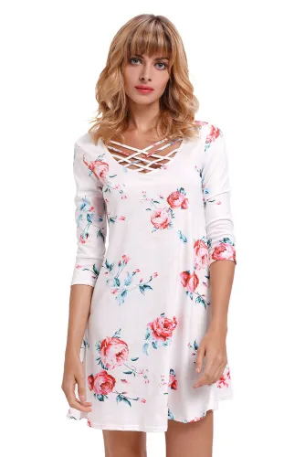 White Fence Neck Floral Print T Shirt Dress