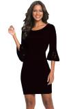 Black 3/4 Hollow-out Bell Sleeve Sheath Mini Dress