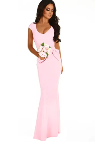 Pink Ruched Waist Wedding Party Maxi Dress