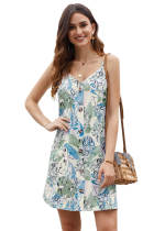 Sky Blue Floral Pattern Buttoned Slip Cami Dress