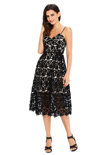 Black Lace Hollow Out Nude Illusion Party Dress