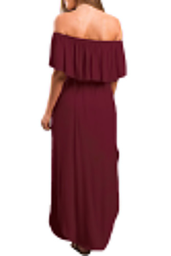 Burgundy Flounce Off Shoulder Maxi Jersey Dress