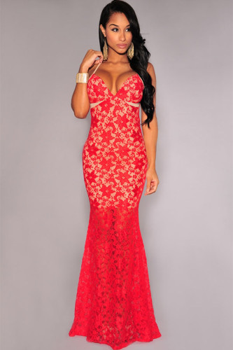 Red Lace Nude Illusion Crisscross Back Evening Dress