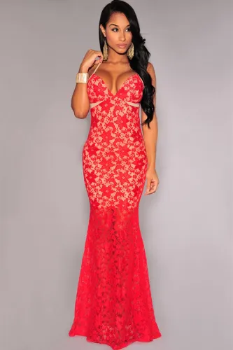 Red Lace Nude Illusion Crisscross Back Evening Dress